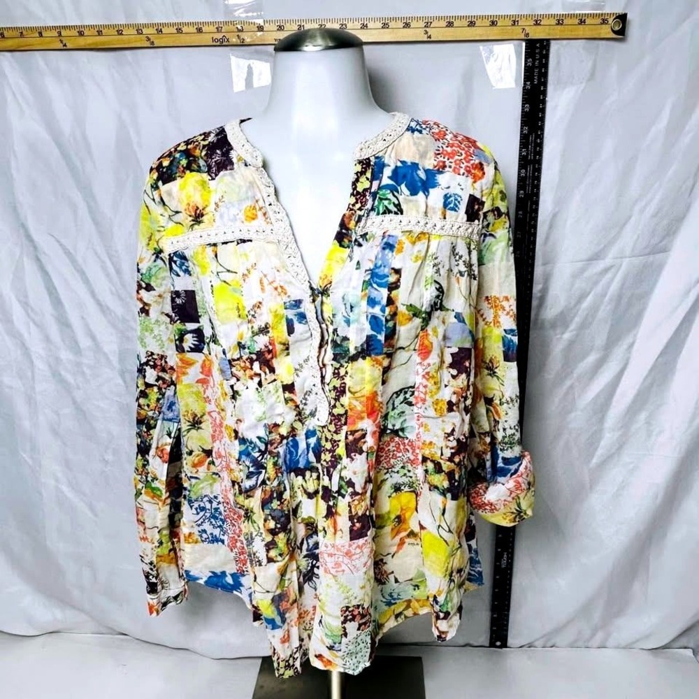 Maeve Anthropologie Abella Floral Patchwork/Peplum Blouse/Crochet Trim ~ Size 10